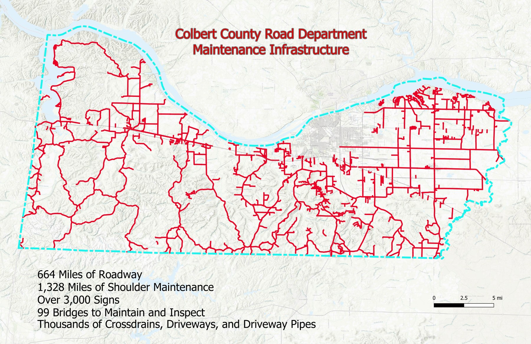 Map of Colbert County showing the county-maintained roadway network.